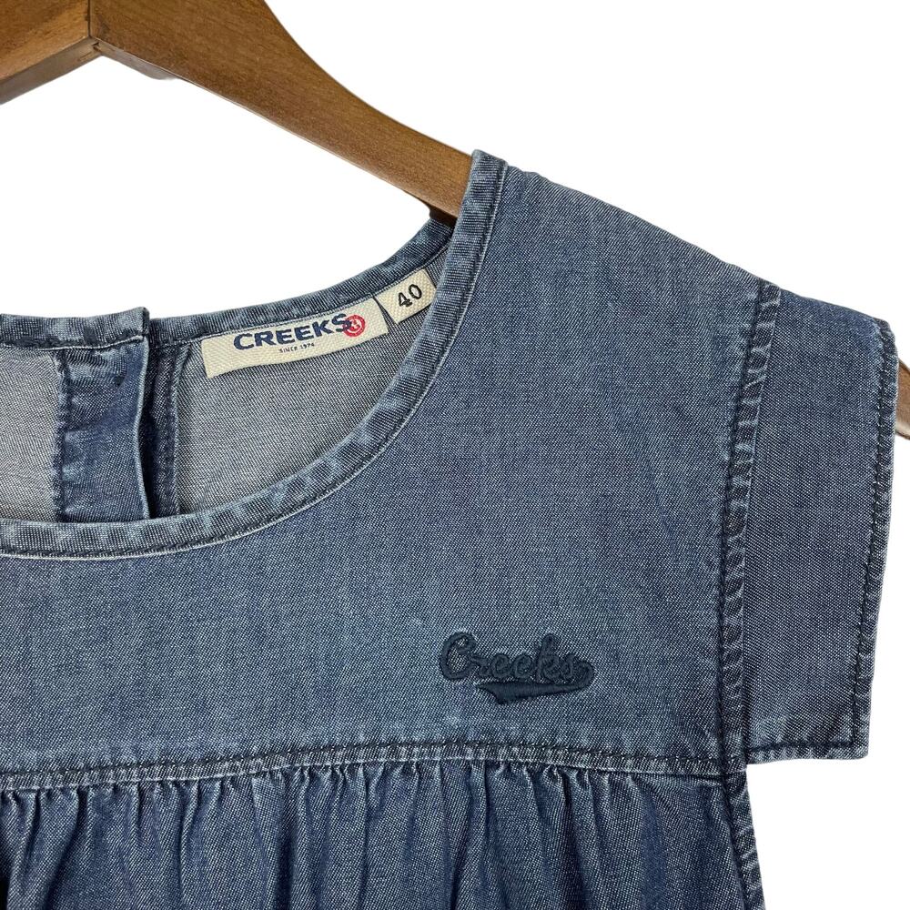 Creeks | Dark Chambray Sleeveless Pleated Knee Length Shift Dress - Picture 5 of 7